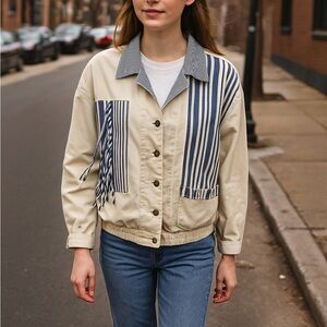 Vintage 80s “Your Way USA” Blue-Stripe Patchwork Jacket | Button Front